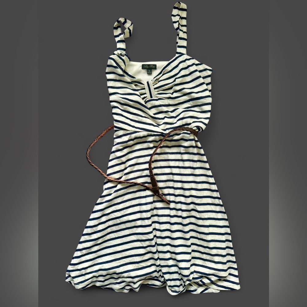 Lily Rose Navy Striped Sleeveless Dress with Belt